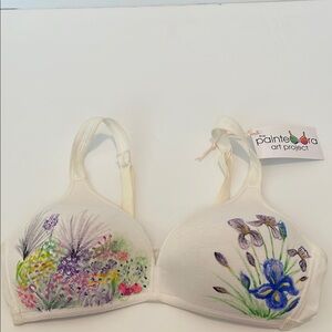 Hand-Painted Floral White Bra with Iris Artwork